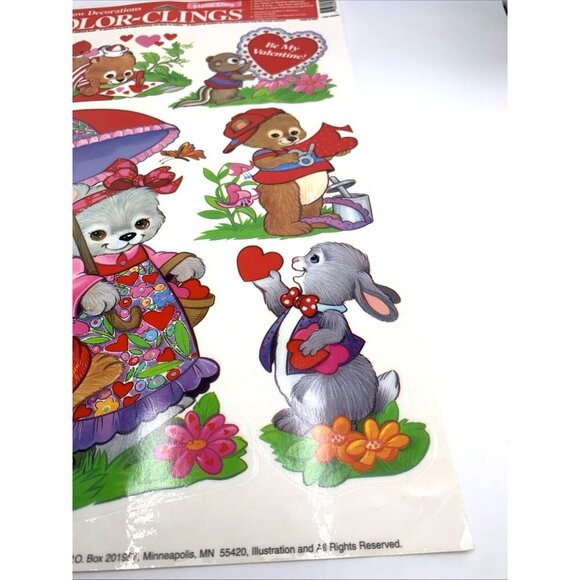 Color Clings Valentines Bears Rabbits Window Decor Vintage Unused - Picture 5 of 8